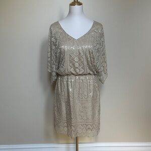 Laundry by Shelli Segal Tan Lace Overlay Mini Dress V-Neck Blouson Sheath Size 6